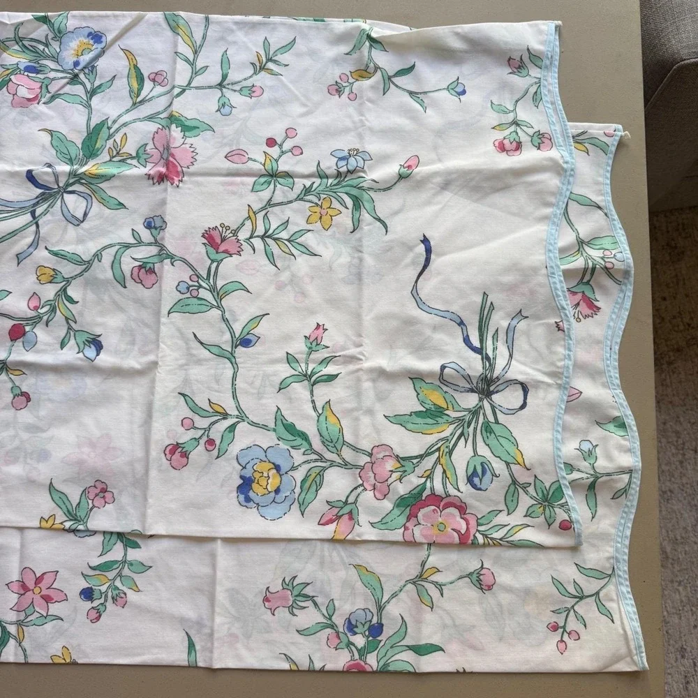 Vintage Floral Pillowcase Pair Standard White Pink Blue Scalloped Cottagecore